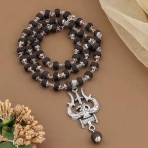 Silver Plated Karungali Mala With Trisul